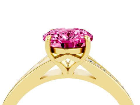 Yellow gold Oval Cut Pink Sapphire Solitaire Ring with Pavé Band and Prong Setting_4