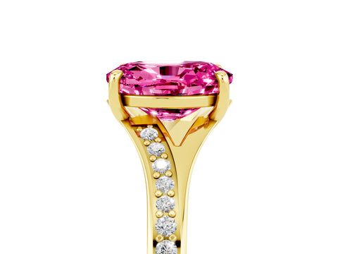 Yellow gold Oval Cut Pink Sapphire Solitaire Ring with Pavé Band and Prong Setting_5