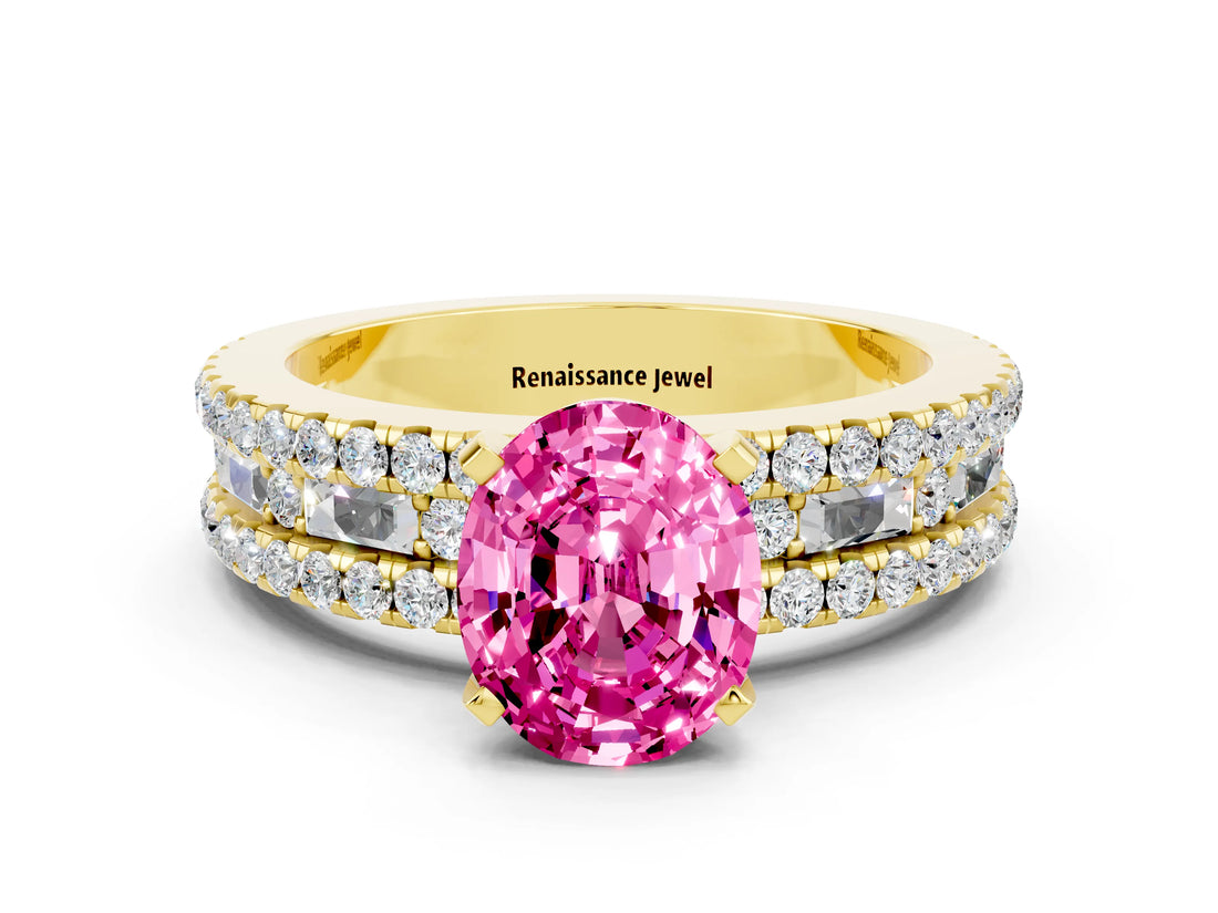 Yellow gold Oval Cut Pink Sapphire Solitaire Ring with Pavé and Channel Set Band_24