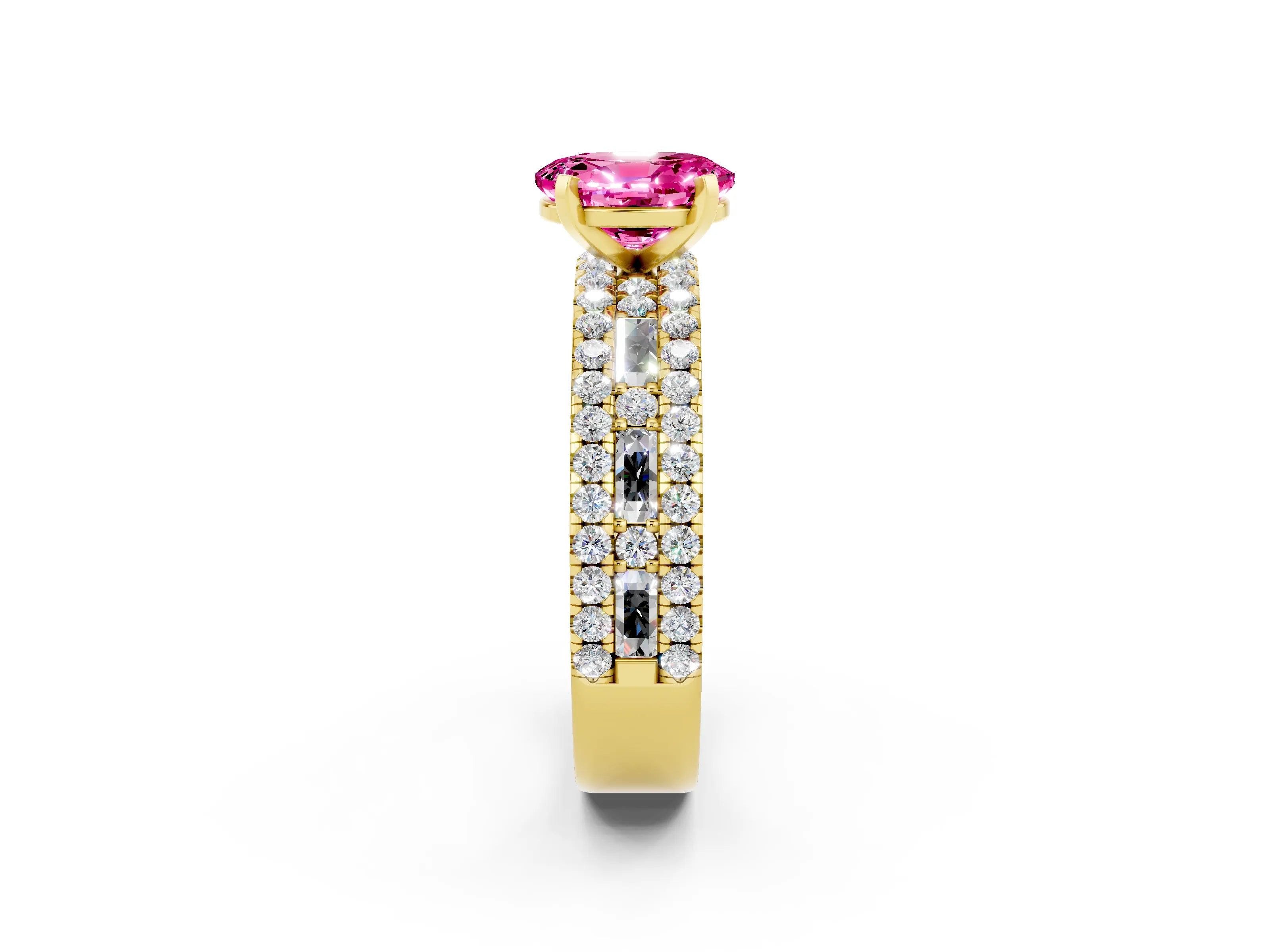 Yellow gold Oval Cut Pink Sapphire Solitaire Ring with Pavé and Channel Set Band_26