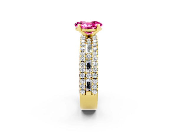 Yellow gold Oval Cut Pink Sapphire Solitaire Ring with Pavé and Channel Set Band