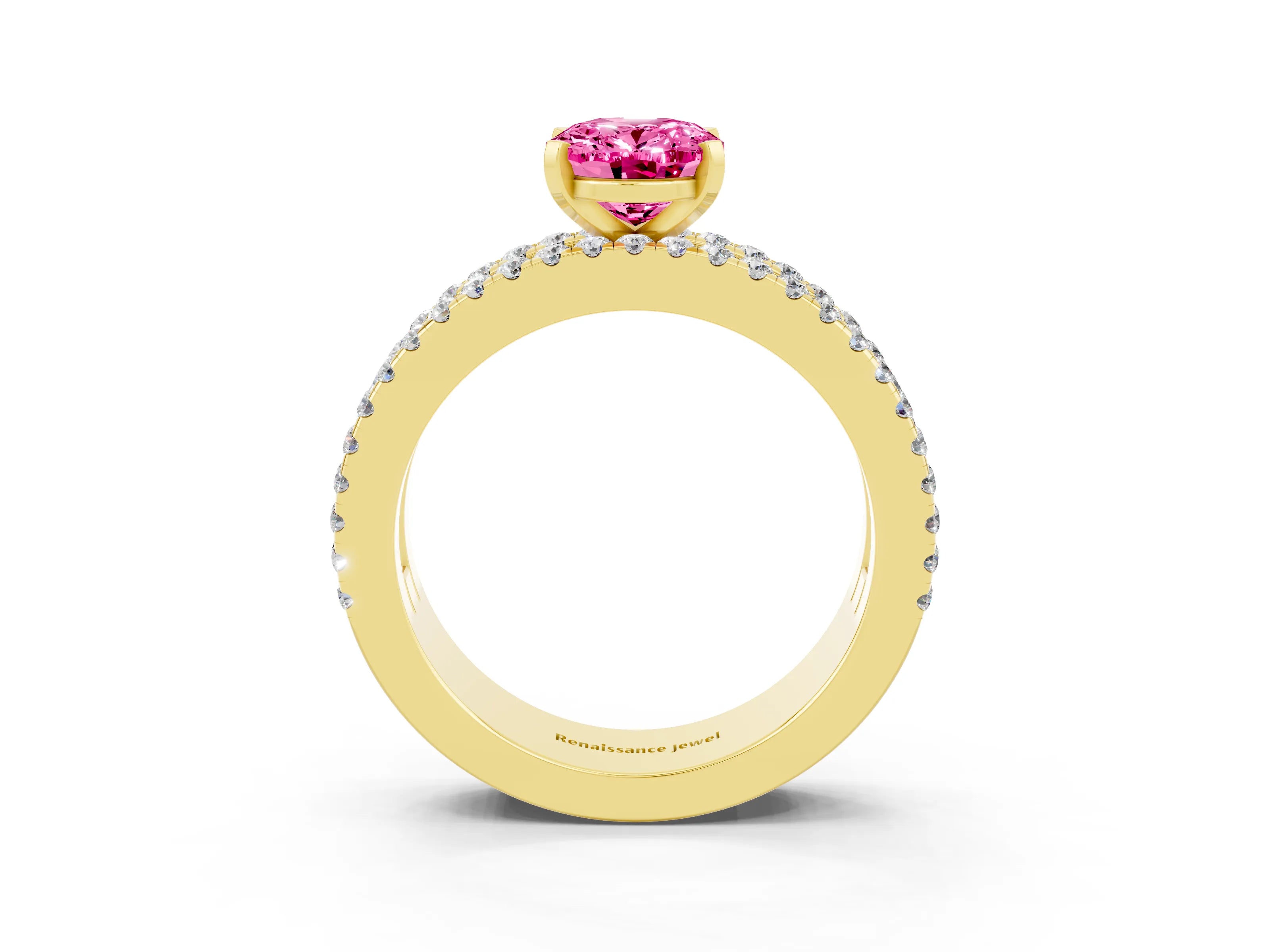 Yellow gold Oval Cut Pink Sapphire Solitaire Ring with Pavé and Channel Set Band_27