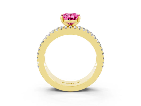Yellow gold Oval Cut Pink Sapphire Solitaire Ring with Pavé and Channel Set Band