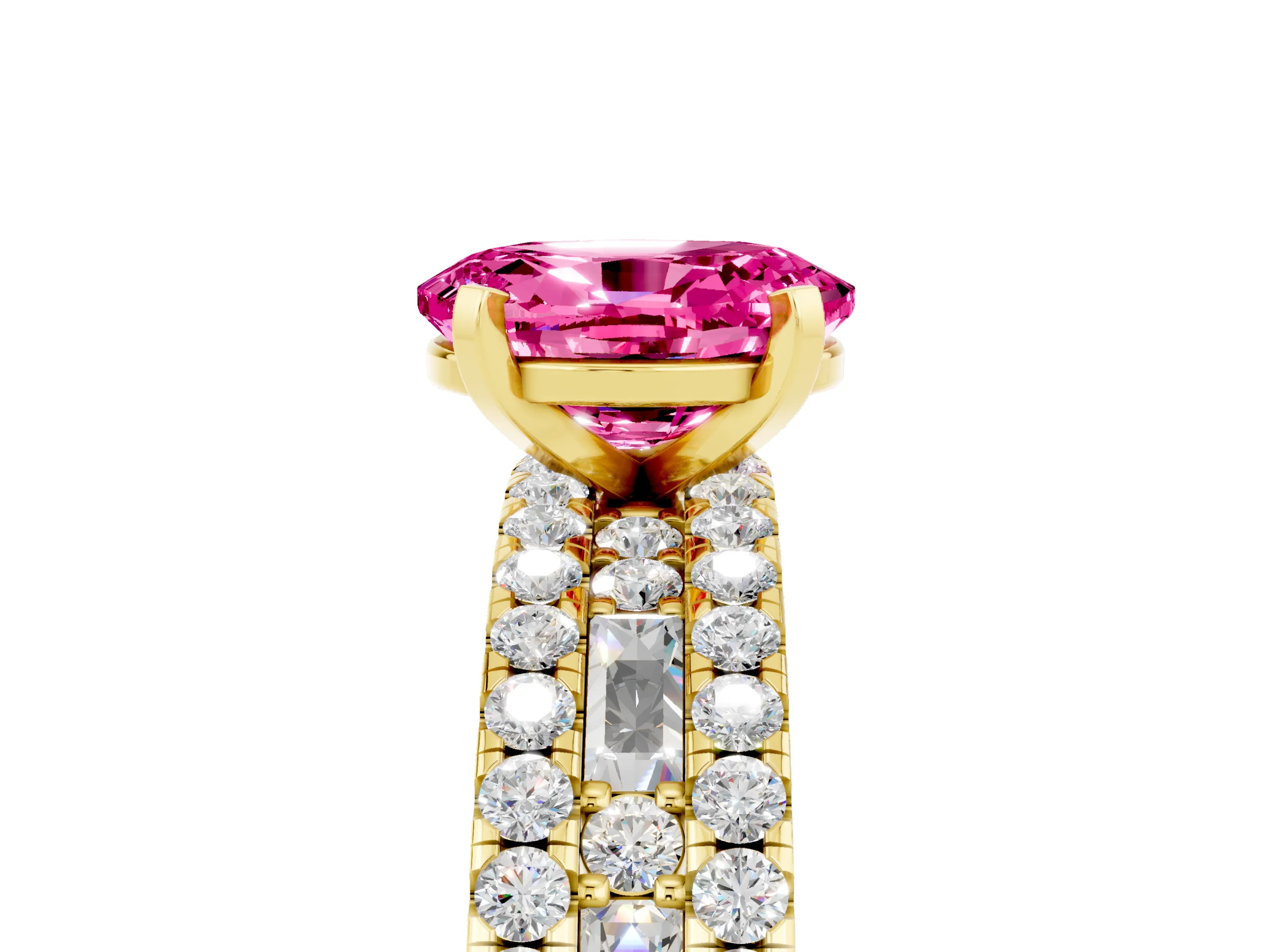 Yellow gold Oval Cut Pink Sapphire Solitaire Ring with Pavé and Channel Set Band_29