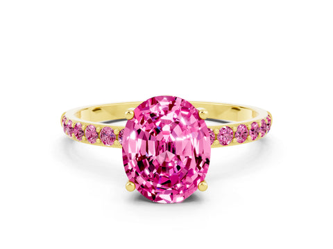 Yellow gold Oval Cut Pink Sapphire Solitaire Ring with Pave Band and Four Prong Setting_12