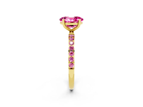 Yellow gold Oval Cut Pink Sapphire Solitaire Ring with Pave Band and Four Prong Setting_14