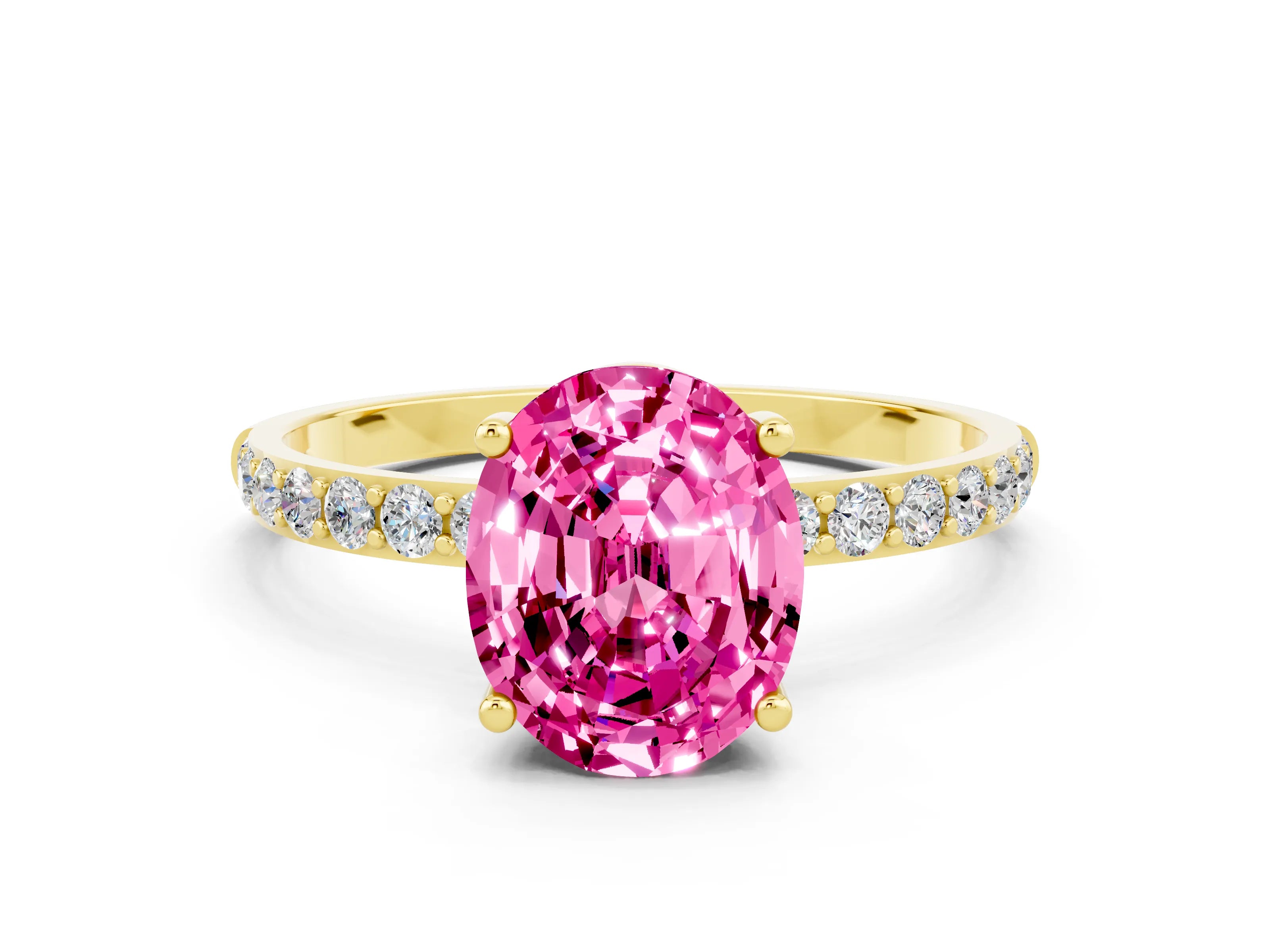 Yellow gold Oval Cut Pink Sapphire Solitaire Ring with Pave Band and Four Prong Setting_48
