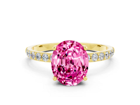 Yellow gold Oval Cut Pink Sapphire Solitaire Ring with Pave Band and Four Prong Setting_48