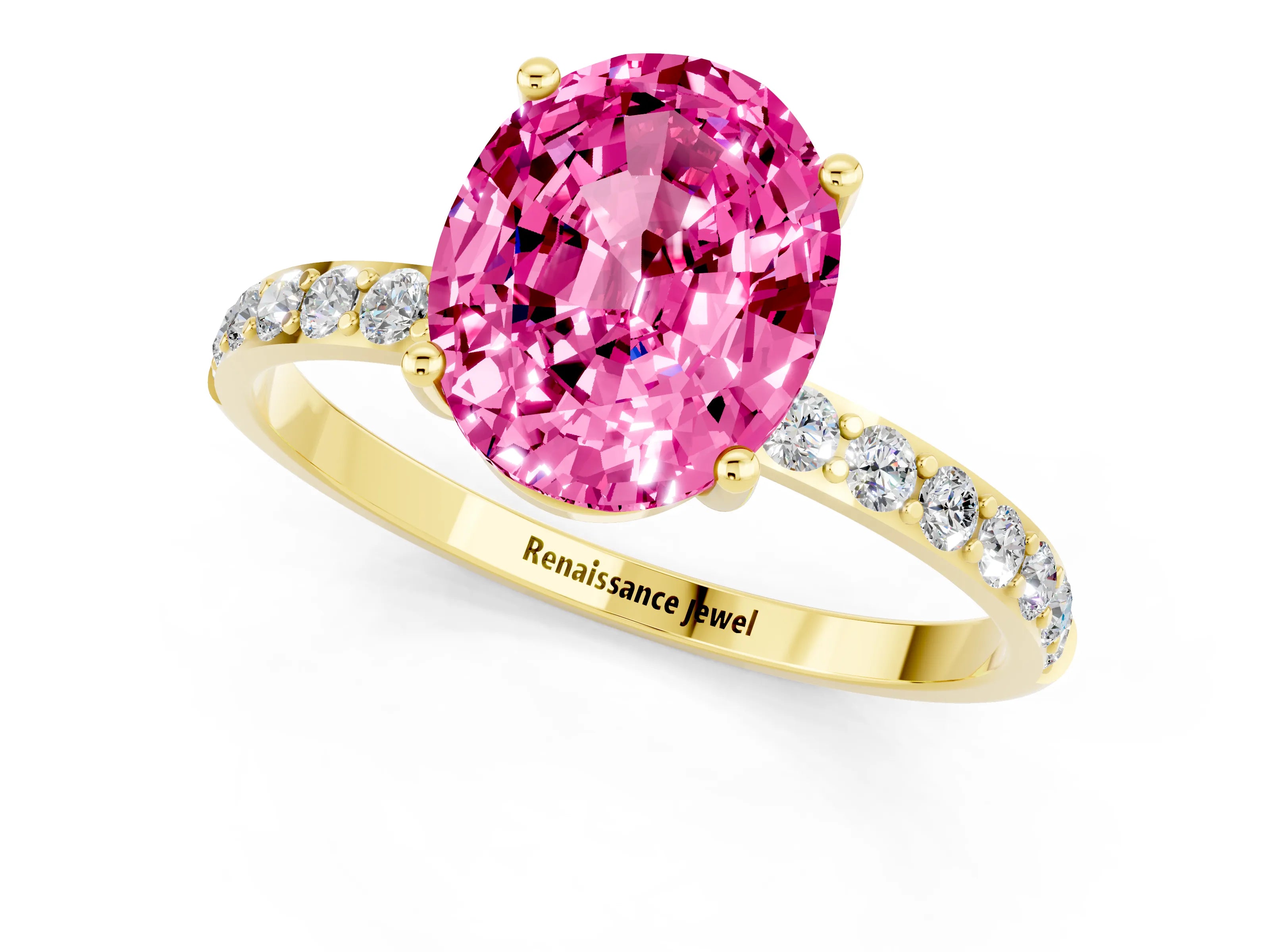 Yellow gold Oval Cut Pink Sapphire Solitaire Ring with Pave Band and Four Prong Setting_49
