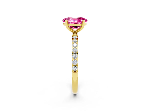 Yellow gold Oval Cut Pink Sapphire Solitaire Ring with Round  Pavé Band and Prong Setting