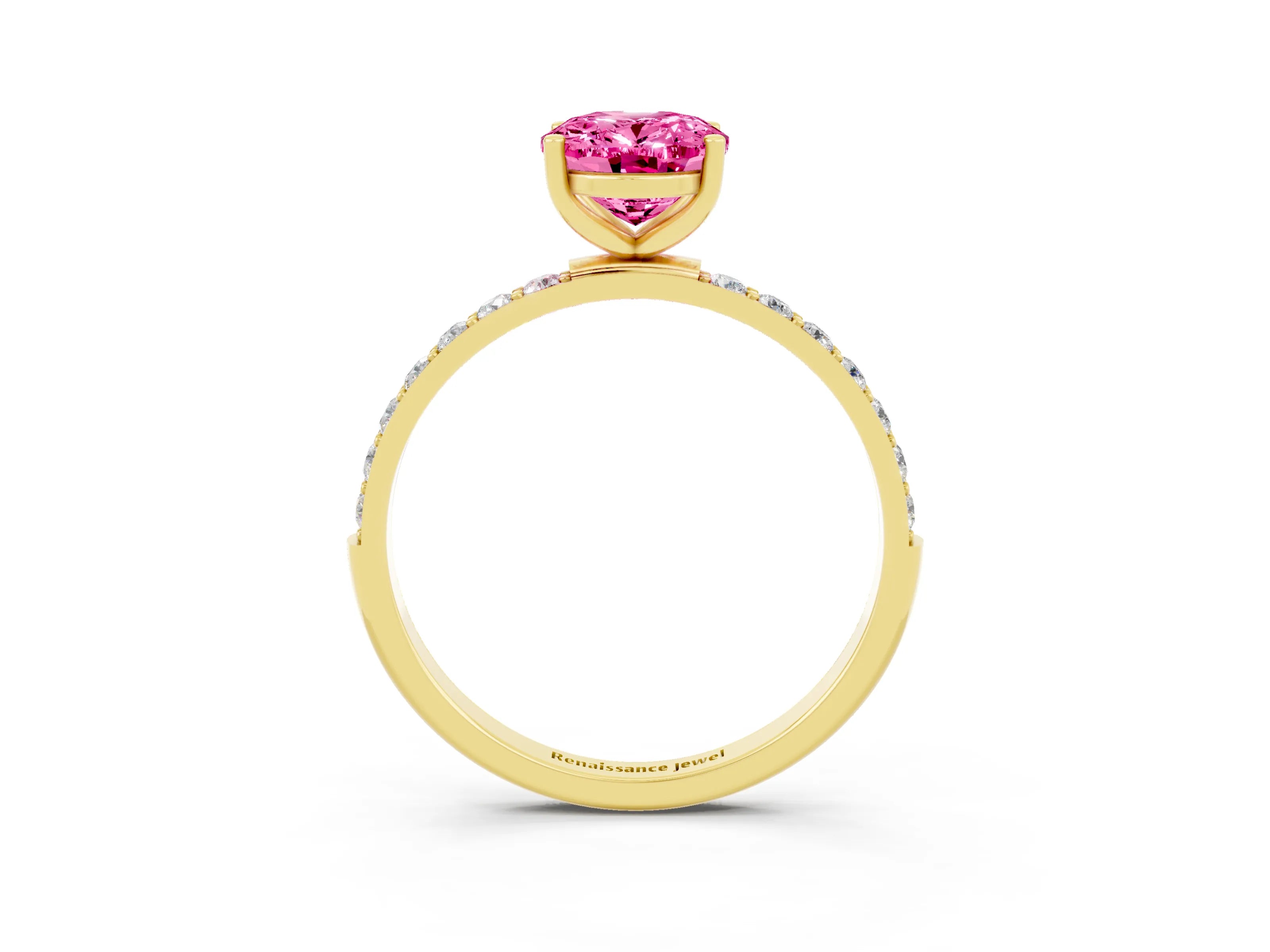Yellow gold Oval Cut Pink Sapphire Solitaire Ring with Pave Band and Four Prong Setting_51