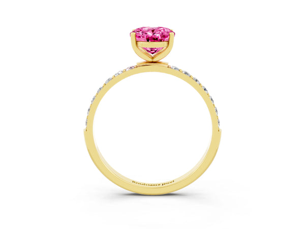 Yellow gold Oval Cut Pink Sapphire Solitaire Ring with Round  Pavé Band and Prong Setting