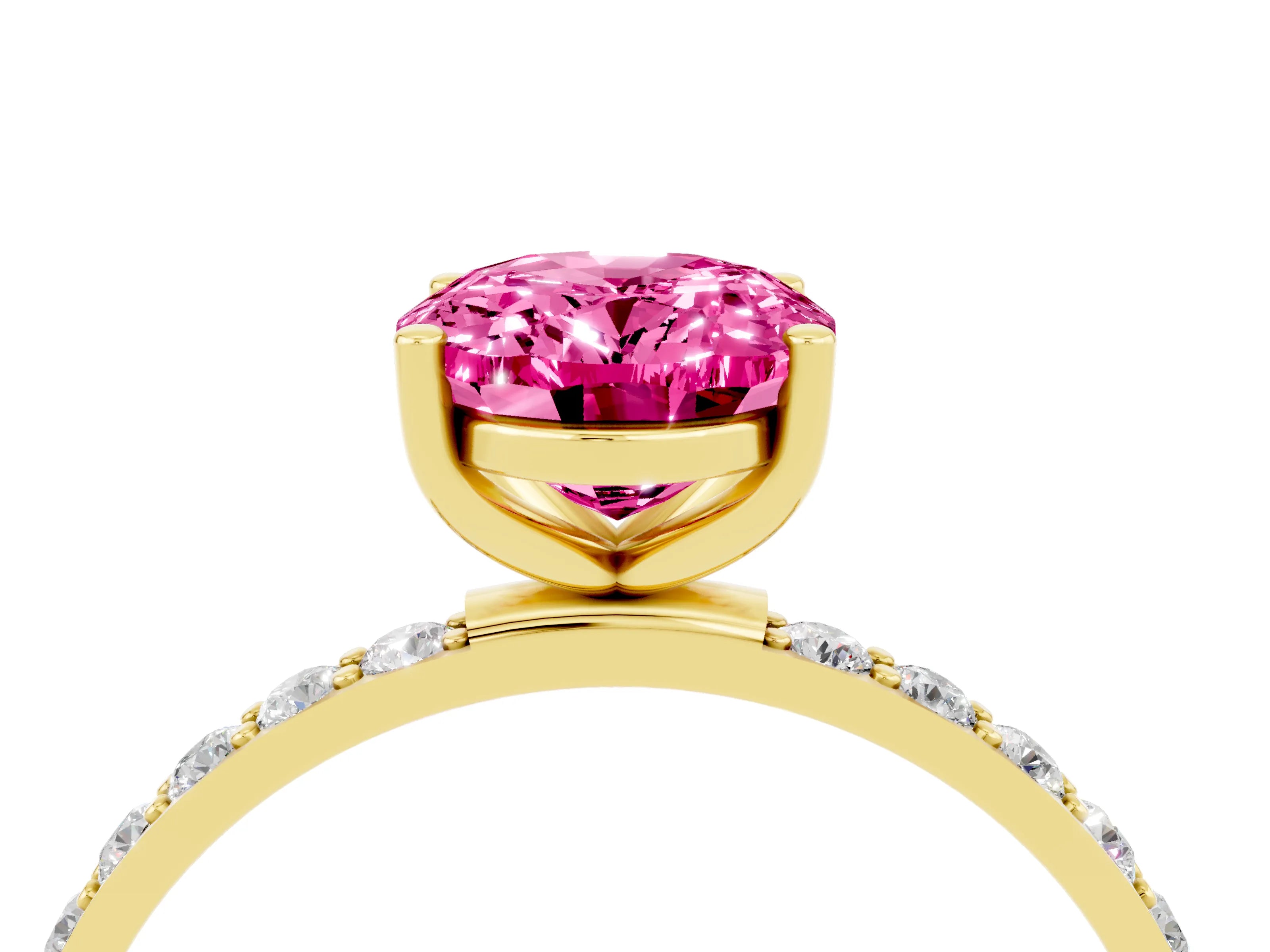 Yellow gold Oval Cut Pink Sapphire Solitaire Ring with Pave Band and Four Prong Setting_52