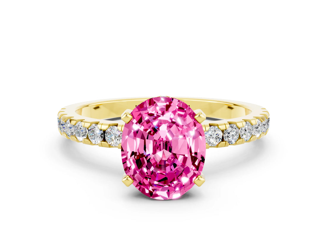 Yellow gold Oval Cut Pink Sapphire Solitaire Ring with Round  Pavé Band and Four-Prong Setting_36