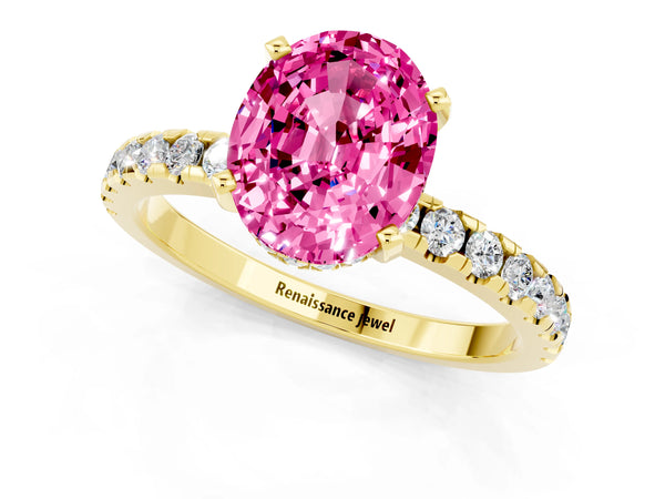Yellow gold Oval Cut Pink Sapphire Solitaire Ring with Round Pavé Band and Four-Prong Setting