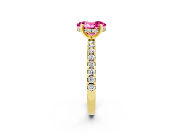 Yellow gold Oval Cut Pink Sapphire Solitaire Ring with Round Pavé Band and Four-Prong Setting