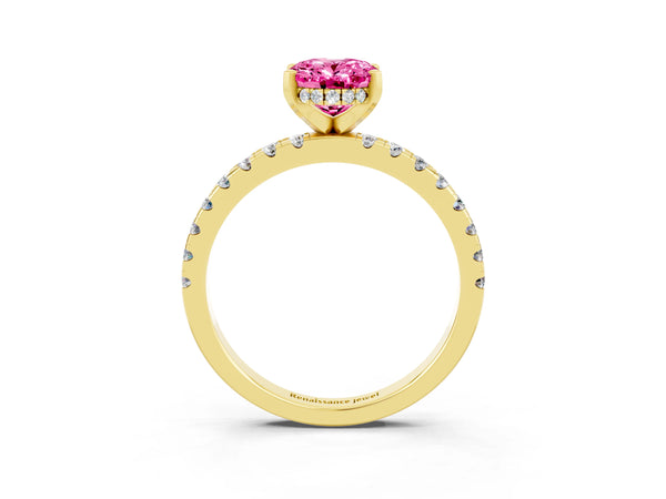 Yellow gold Oval Cut Pink Sapphire Solitaire Ring with Round Pavé Band and Four-Prong Setting
