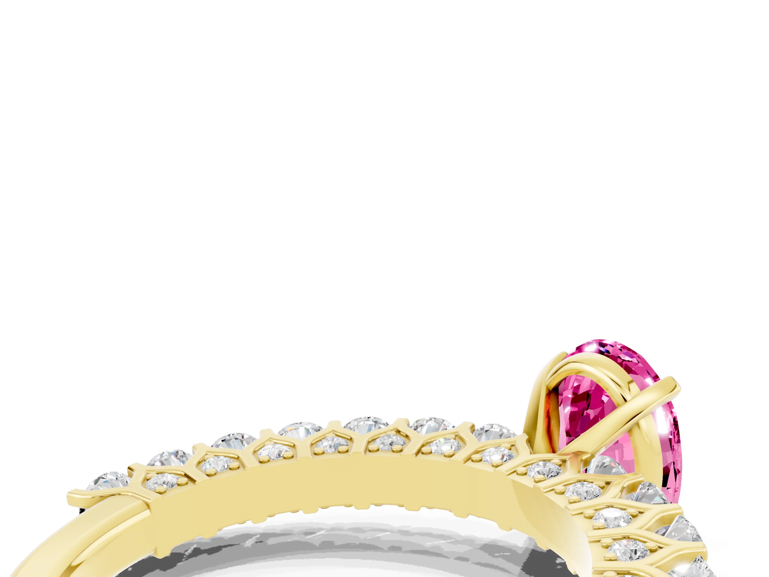 Yellow gold Oval Cut Pink Sapphire Solitaire Ring with Shared Prong Pavé Band and Four-Prong Setting