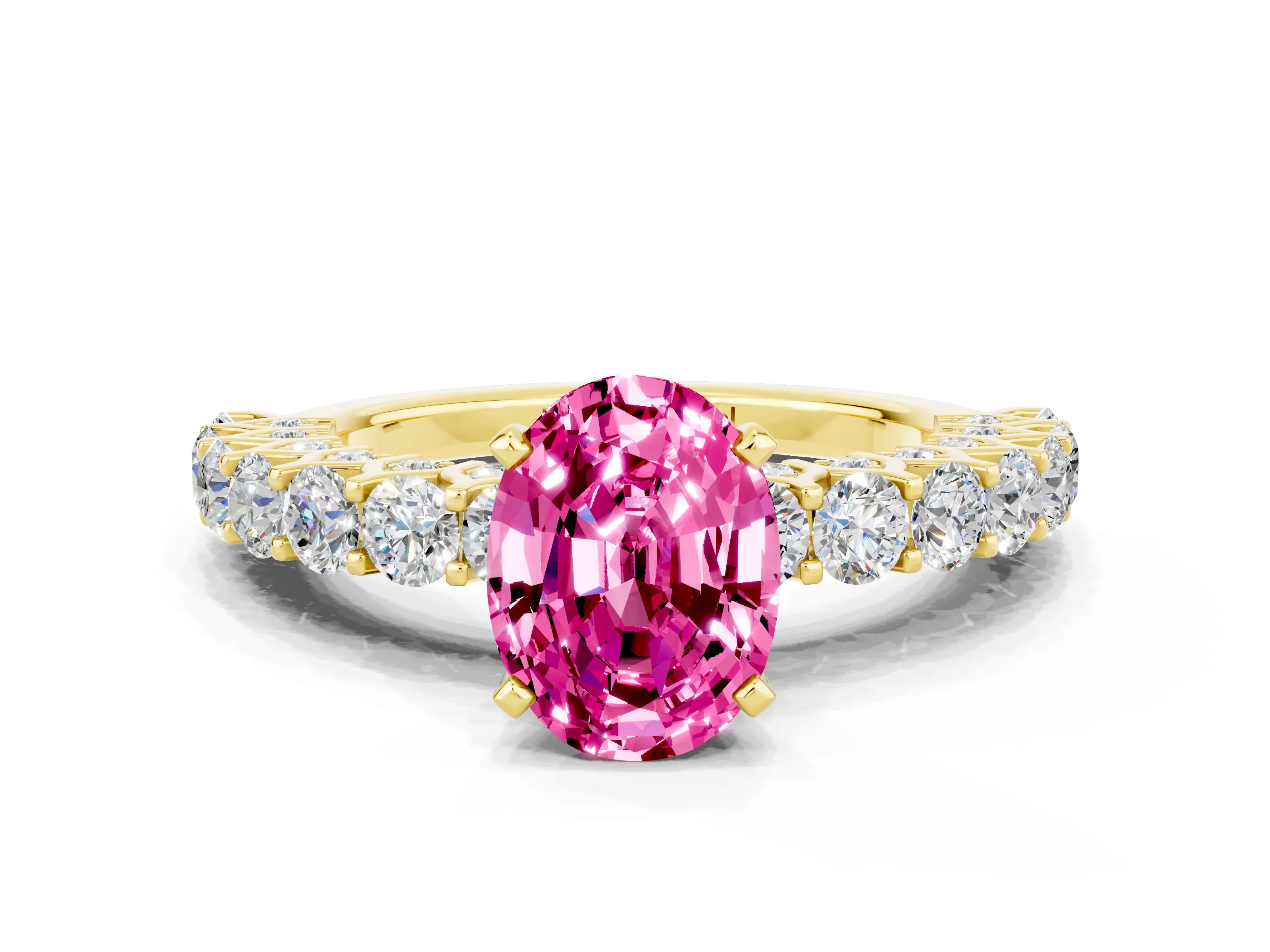 Yellow gold Oval Cut Pink Sapphire Solitaire Ring with Shared Prong Pavé Band and Four-Prong Setting_12