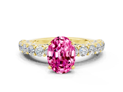 Yellow gold Oval Cut Pink Sapphire Solitaire Ring with Shared Prong Pavé Band and Four-Prong Setting_12