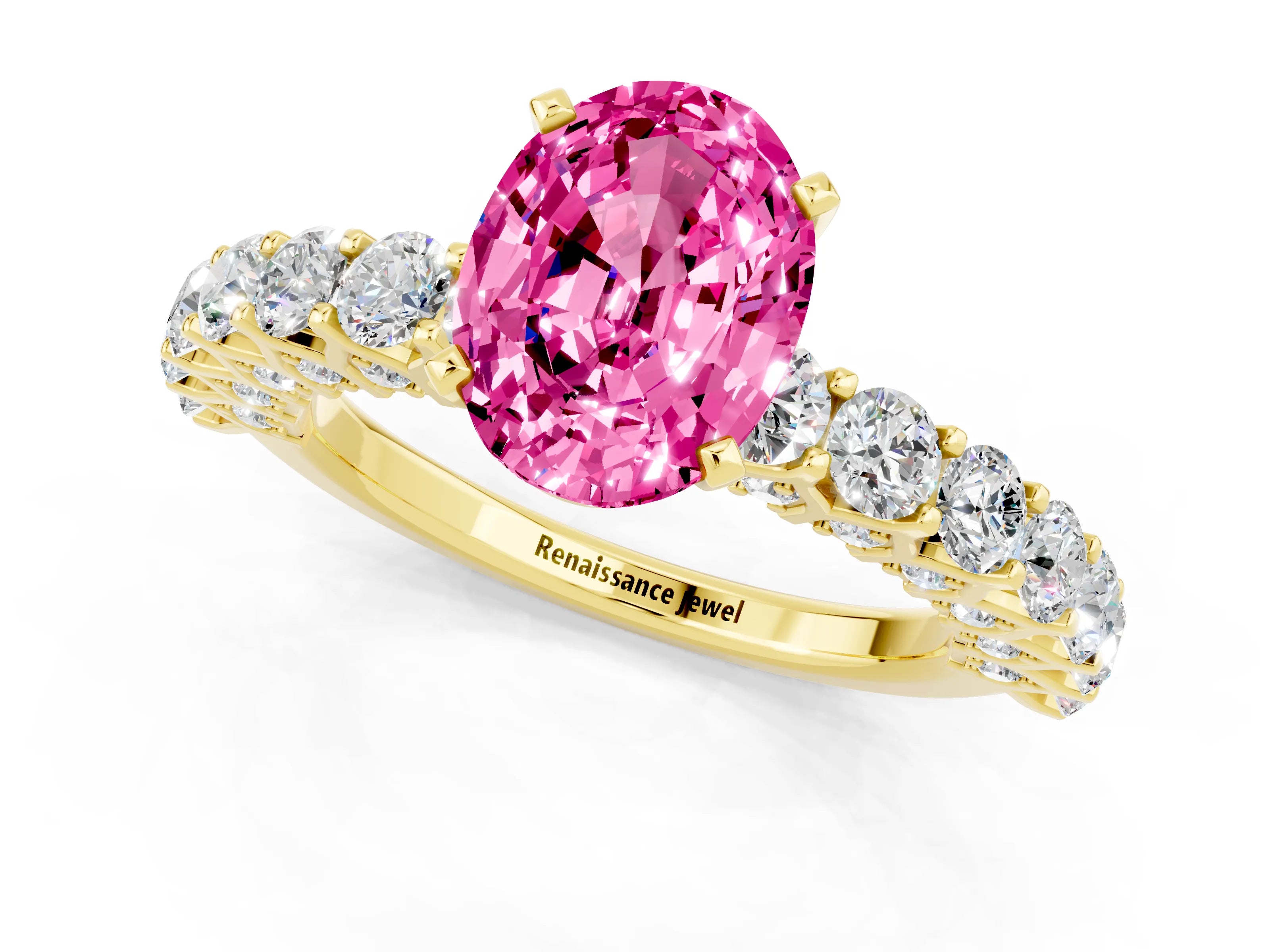 Yellow gold Oval Cut Pink Sapphire Solitaire Ring with Shared Prong Pavé Band and Four-Prong Setting_13