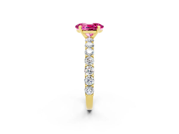 Yellow gold Oval Cut Pink Sapphire Solitaire Ring with Shared Prong Pavé Band and Four-Prong Setting