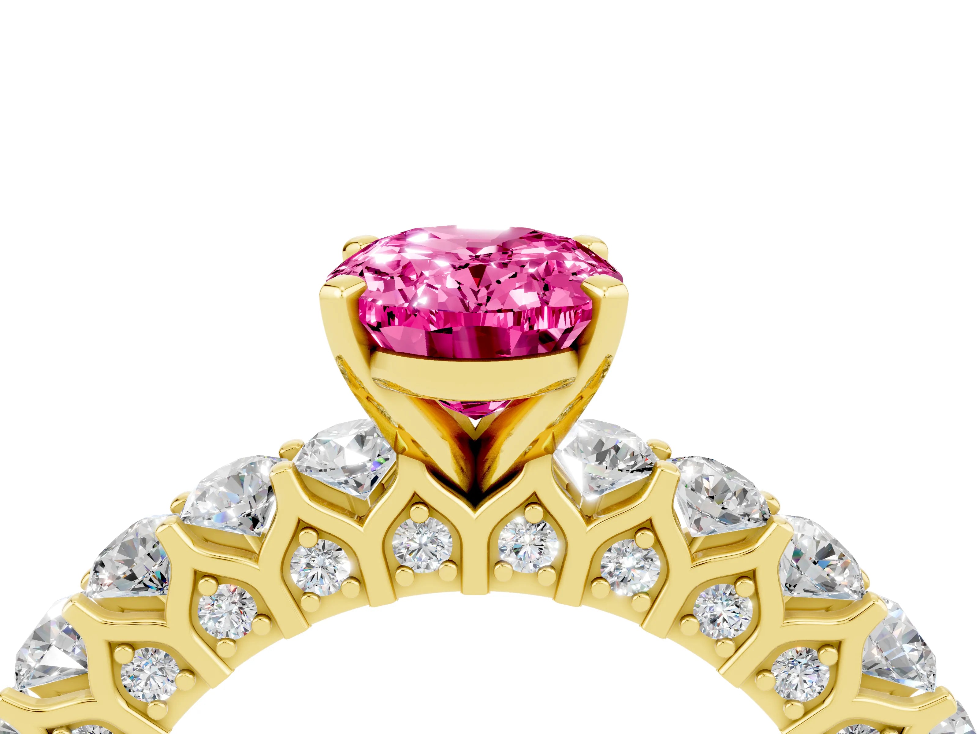 Yellow gold Oval Cut Pink Sapphire Solitaire Ring with Shared Prong Pavé Band and Four-Prong Setting_16