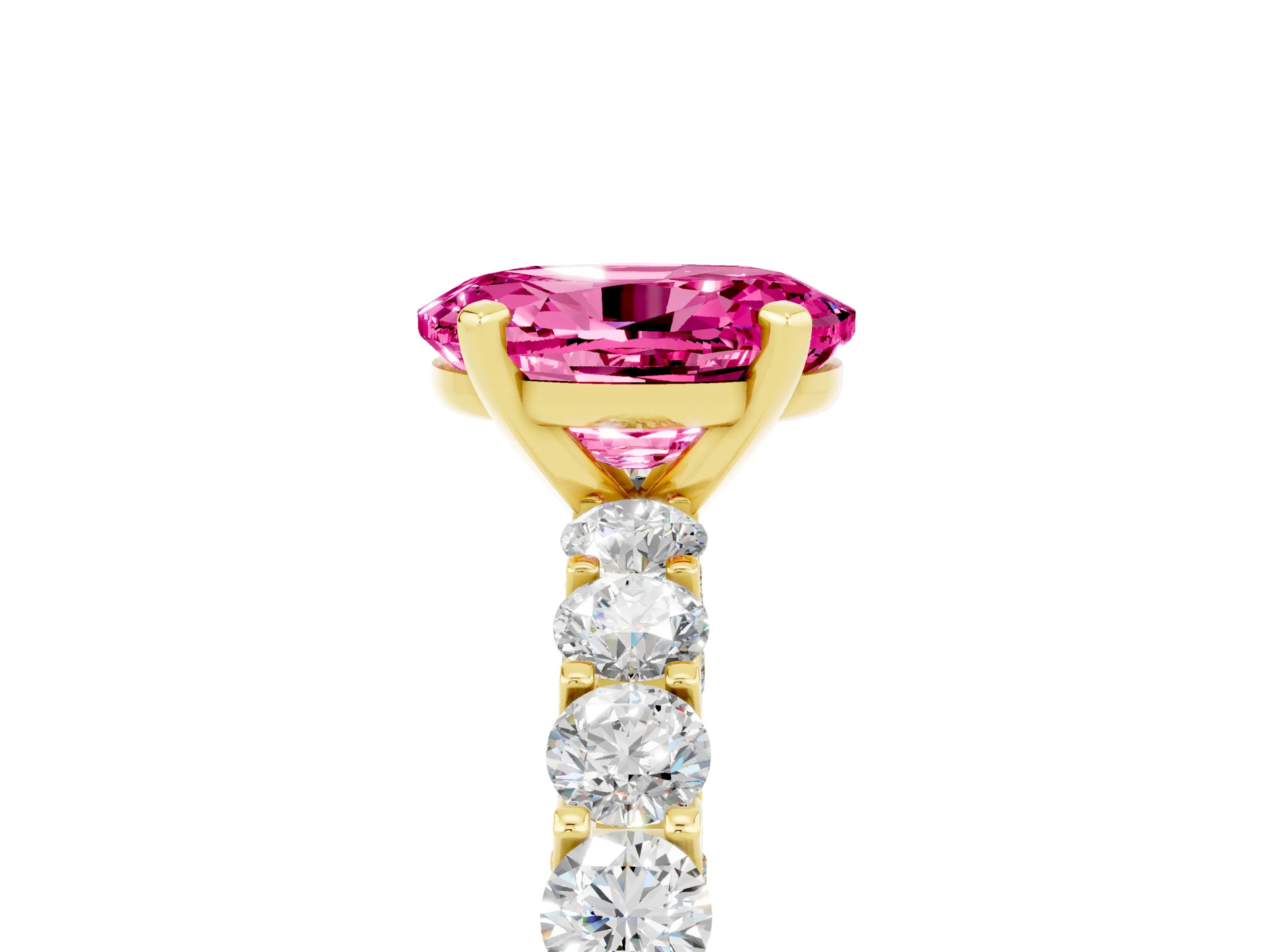 Yellow gold Oval Cut Pink Sapphire Solitaire Ring with Shared Prong Pavé Band and Four-Prong Setting_17