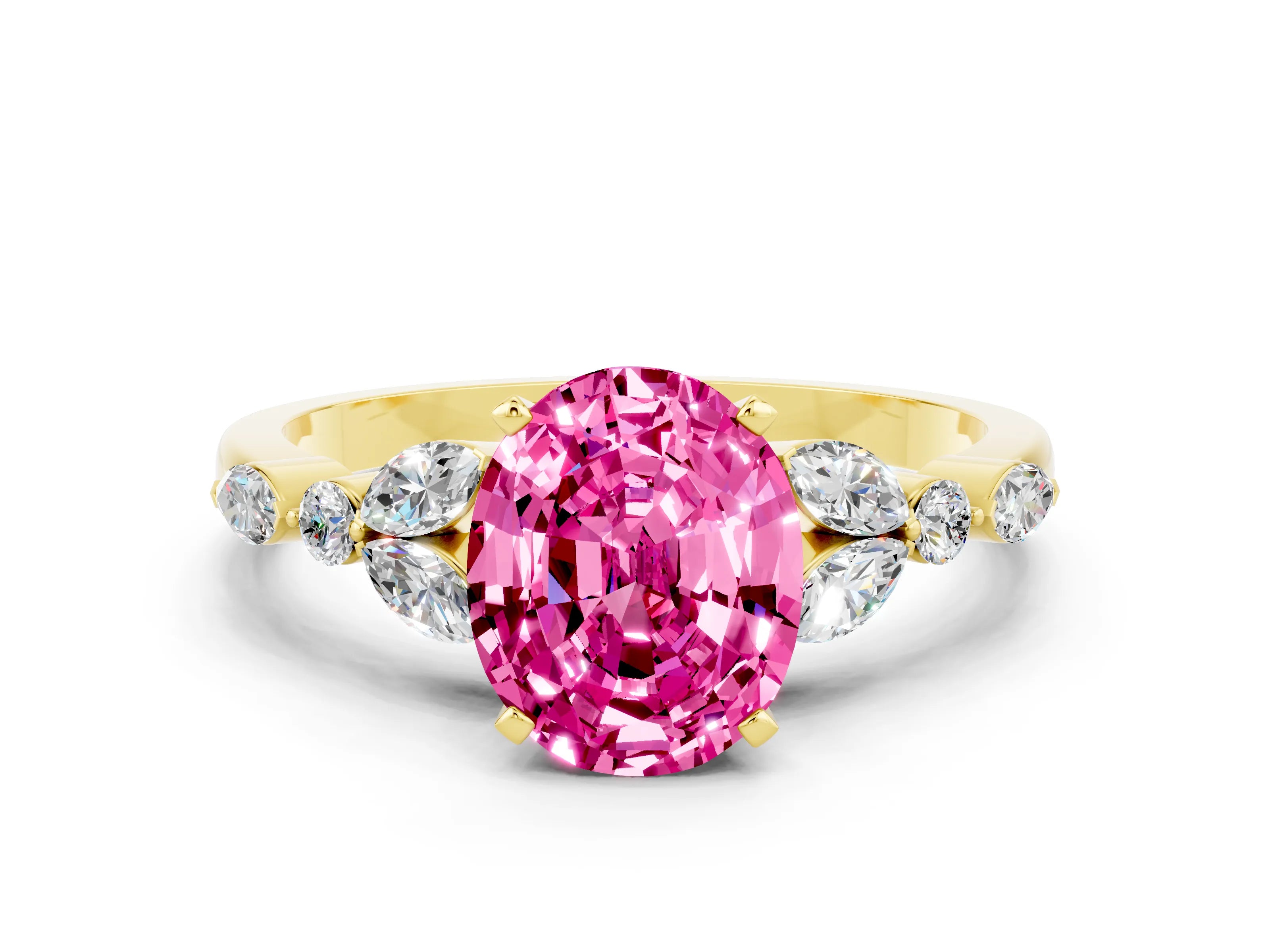 Yellow gold Oval Cut Pink Sapphire Solitaire Ring with Side Stones and Four-Prong Setting_12