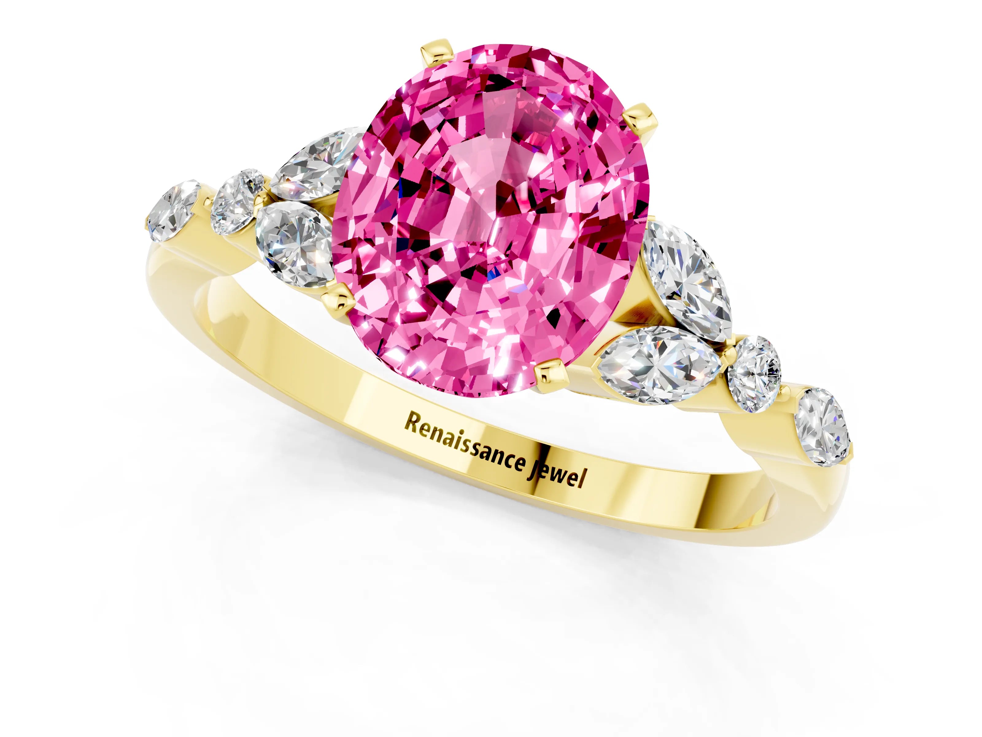 Yellow gold Oval Cut Pink Sapphire Solitaire Ring with Side Stones and Four-Prong Setting_13