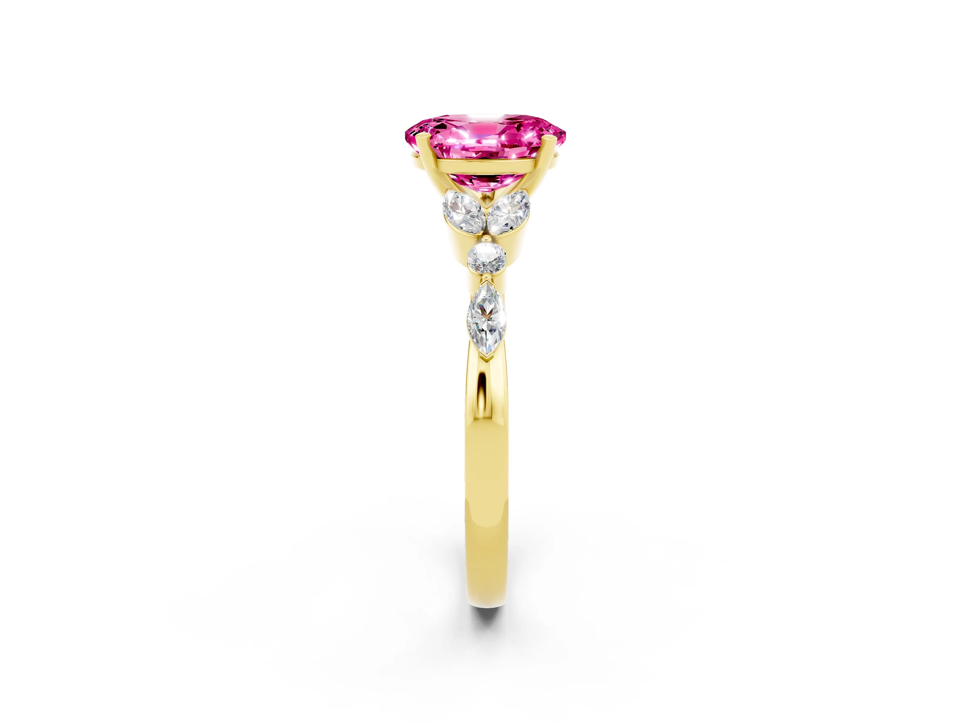 Yellow gold Oval Cut Pink Sapphire Solitaire Ring with Side Stones and Four-Prong Setting_14