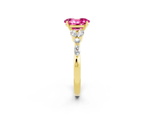 Yellow gold Oval Cut Pink Sapphire Solitaire Ring with Side Stones and Four-Prong Setting