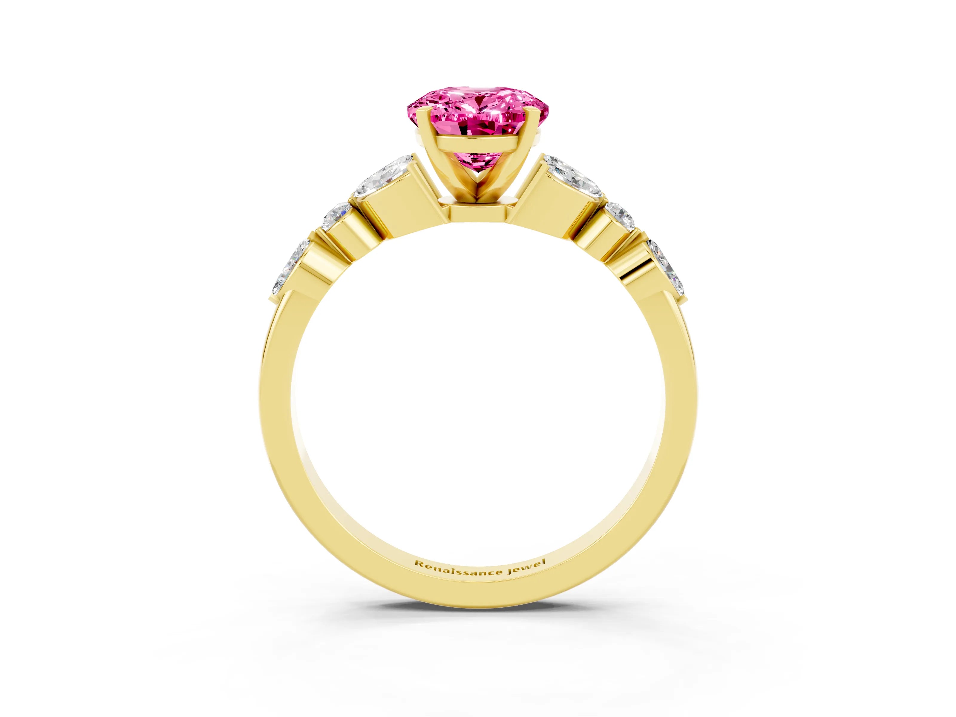 Yellow gold Oval Cut Pink Sapphire Solitaire Ring with Side Stones and Four-Prong Setting_15