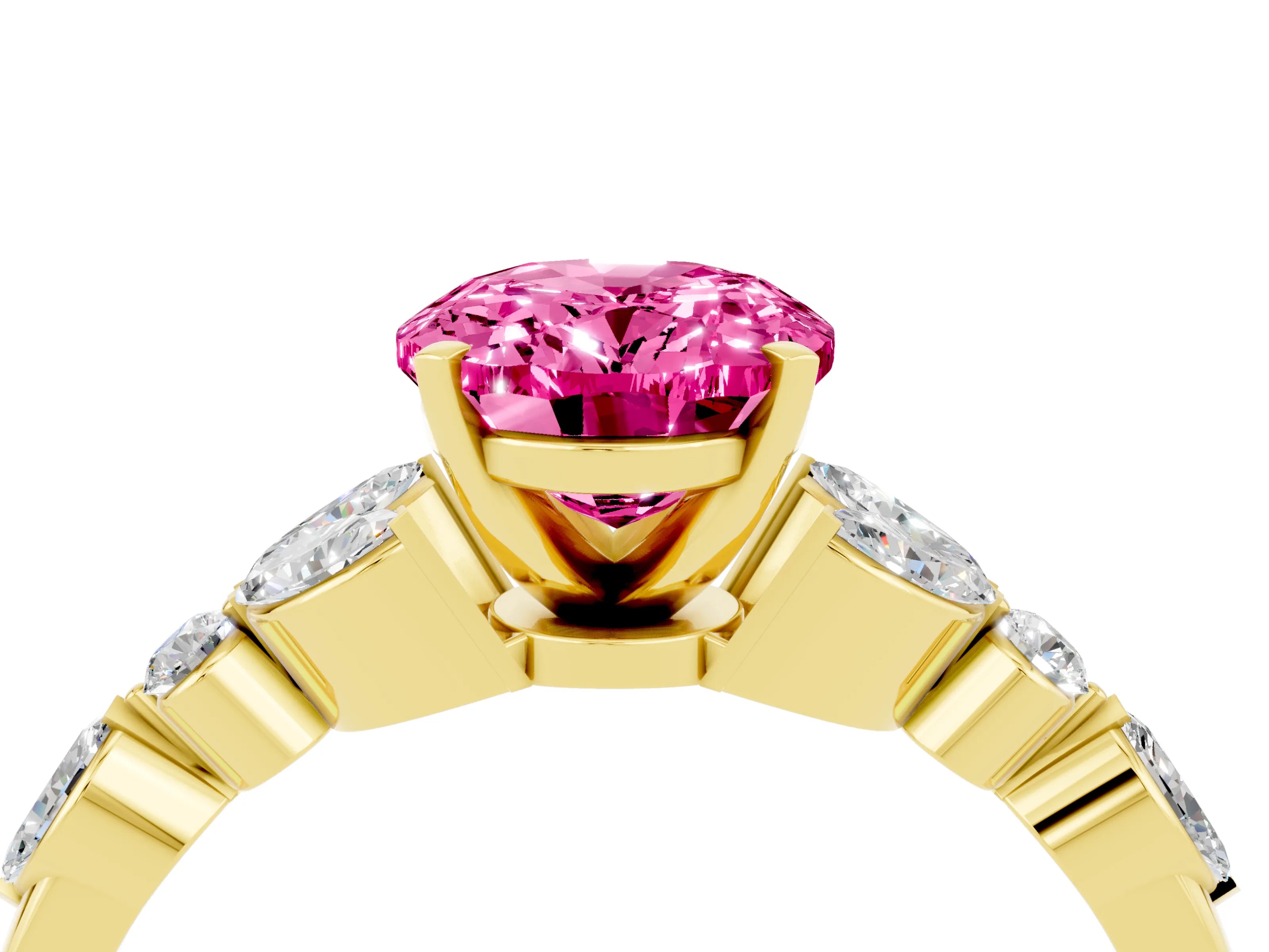 Yellow gold Oval Cut Pink Sapphire Solitaire Ring with Side Stones and Four-Prong Setting_16