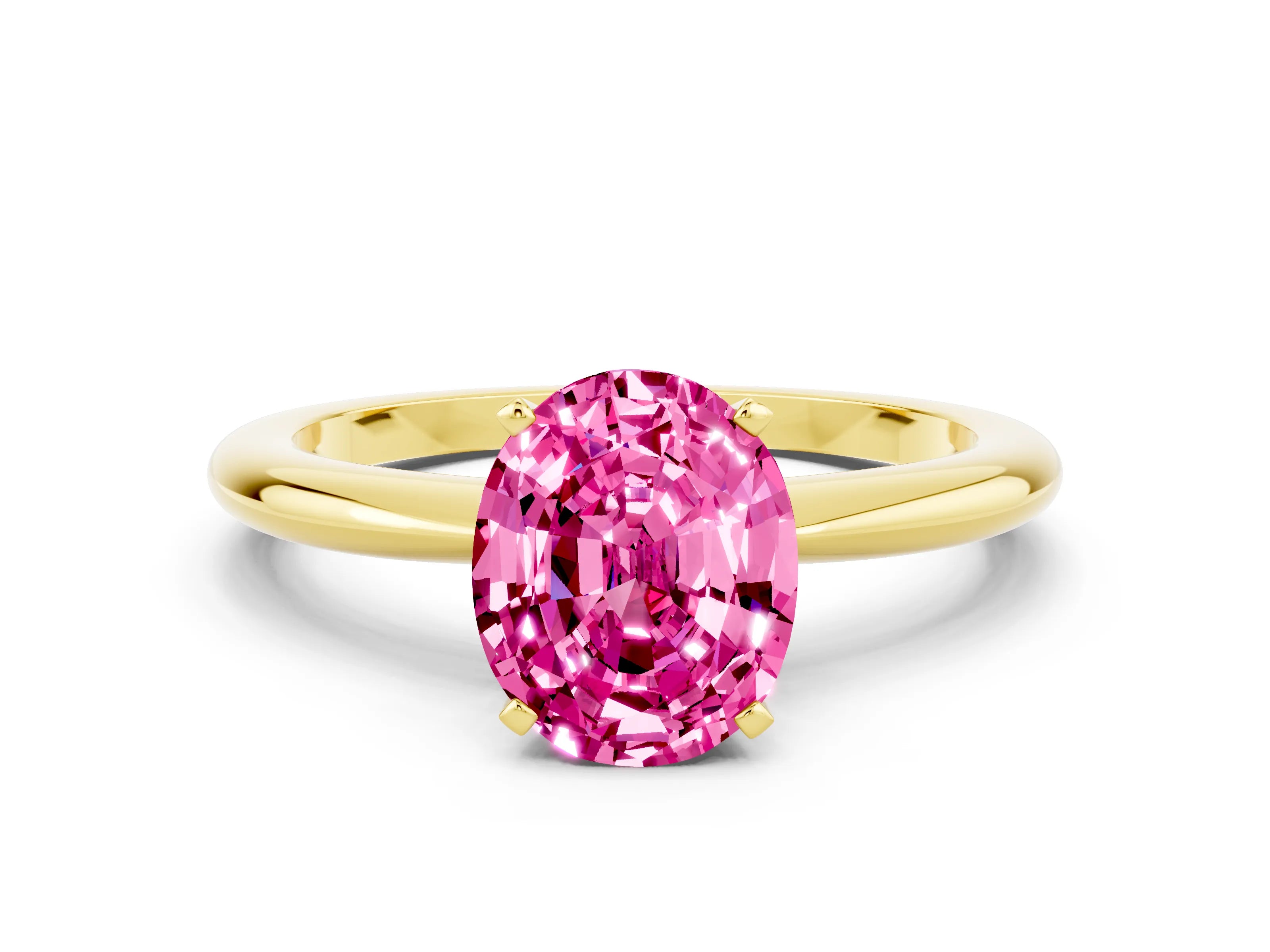 Yellow gold Oval Cut Pink Sapphire Solitaire Ring with Six-Prong Setting and Classic Band