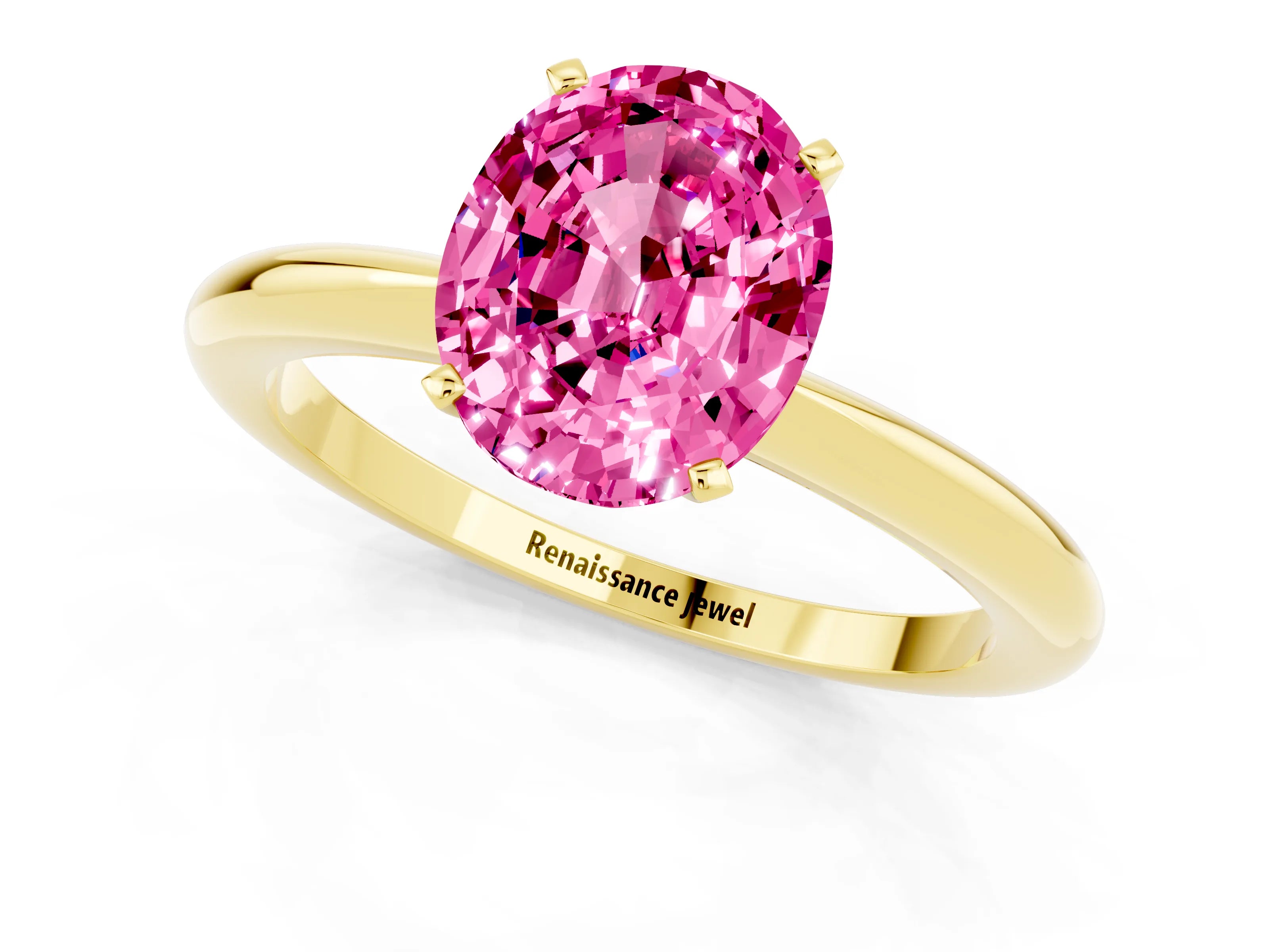 Yellow gold Oval Cut Pink Sapphire Solitaire Ring with Six-Prong Setting and Classic Band_1