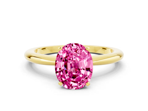 Yellow gold Oval Cut Pink Sapphire Solitaire Ring with Six-Prong Setting and Classic Band