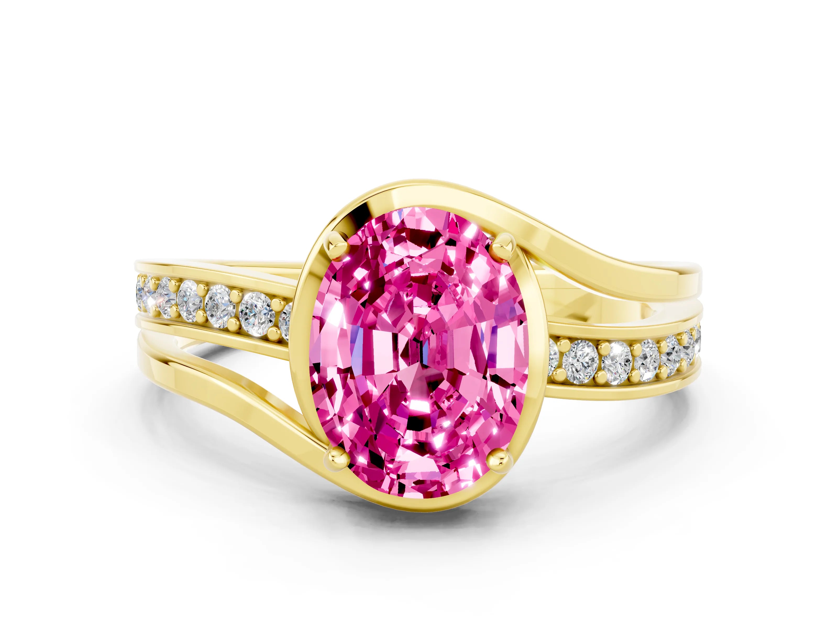 Yellow gold Oval Cut Pink Sapphire Solitaire Ring with Split Shank and Prong Setting