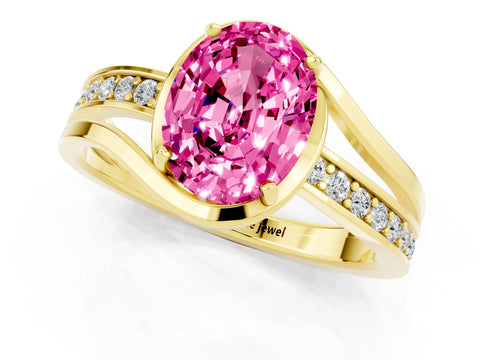 Yellow gold Oval Cut Pink Sapphire Solitaire Ring with Split Shank and Prong Setting_1