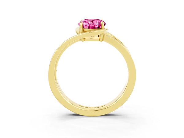 Yellow gold Oval Cut Pink Sapphire Solitaire Ring with Split Shank and Prong Setting