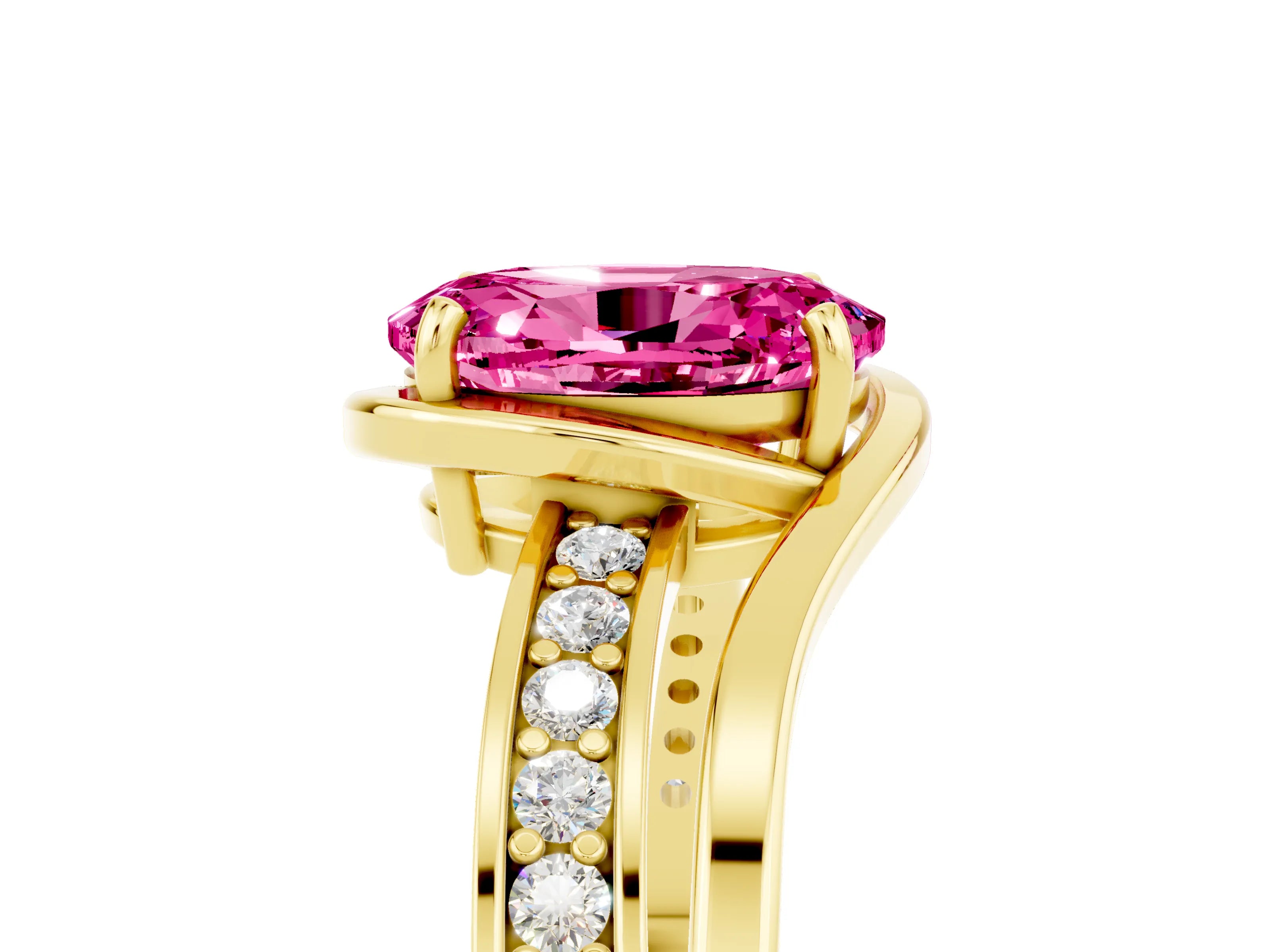 Yellow gold Oval Cut Pink Sapphire Solitaire Ring with Split Shank and Prong Setting_5