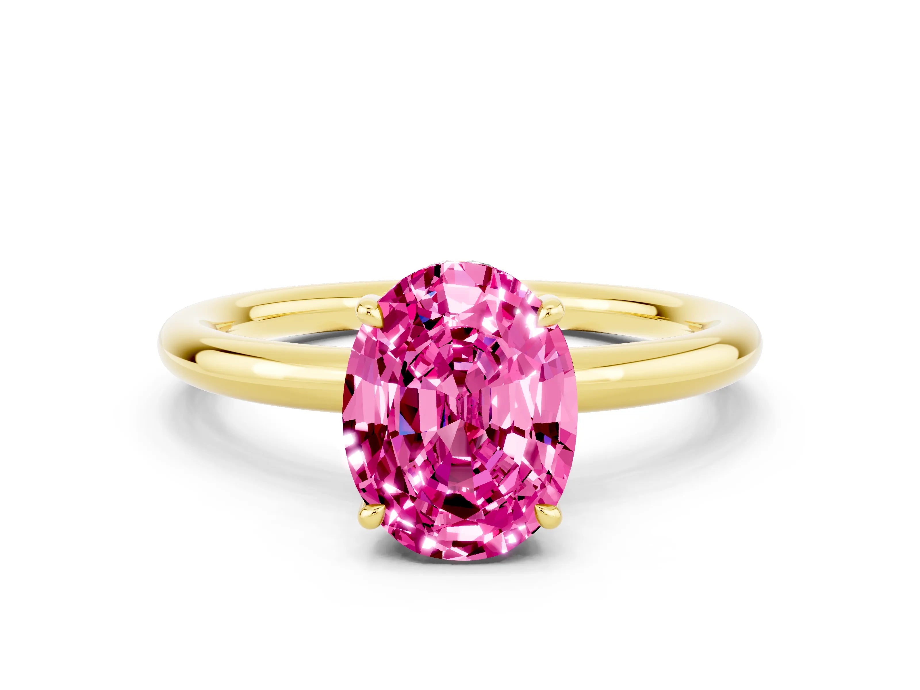 Yellow gold Oval Cut Pink Sapphire Solitaire Ring with Thin Band and Four-Prong Setting_36