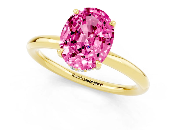 Yellow gold Oval Cut Pink Sapphire Solitaire Ring with Thin Band and Four-Prong Setting