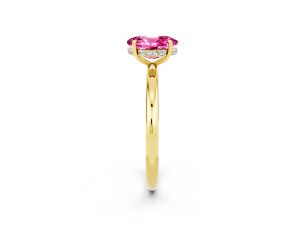 Yellow gold Oval Cut Pink Sapphire Solitaire Ring with Thin Band and Four-Prong Setting