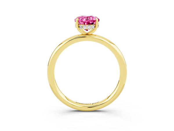 Yellow gold Oval Cut Pink Sapphire Solitaire Ring with Thin Band and Four-Prong Setting