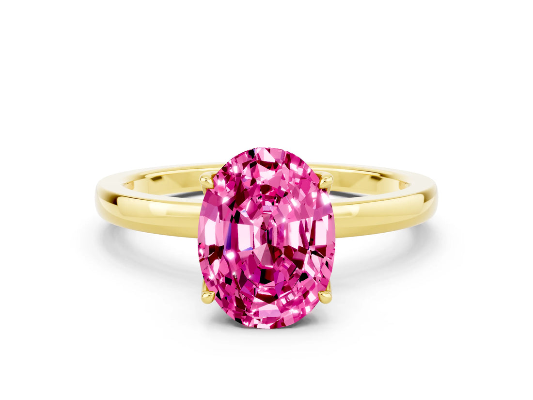 Yellow gold Oval Cut Pink Sapphire Solitaire Ring with Thin Band and Prong Setting_12