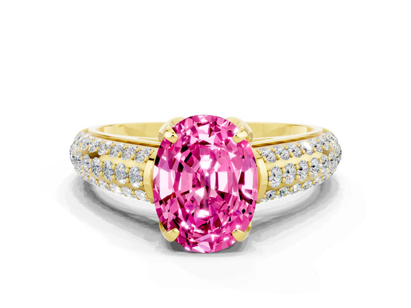 Yellow gold Oval Cut Pink Sapphire Solitaire Ring with Three-Row Pavé Band and Four-Prong Setting