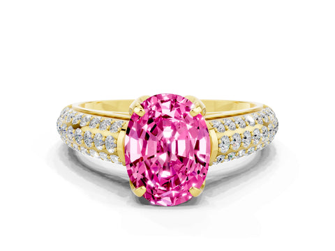 Yellow gold Oval Cut Pink Sapphire Solitaire Ring with Three-Row Pavé Band and Four-Prong Setting_12