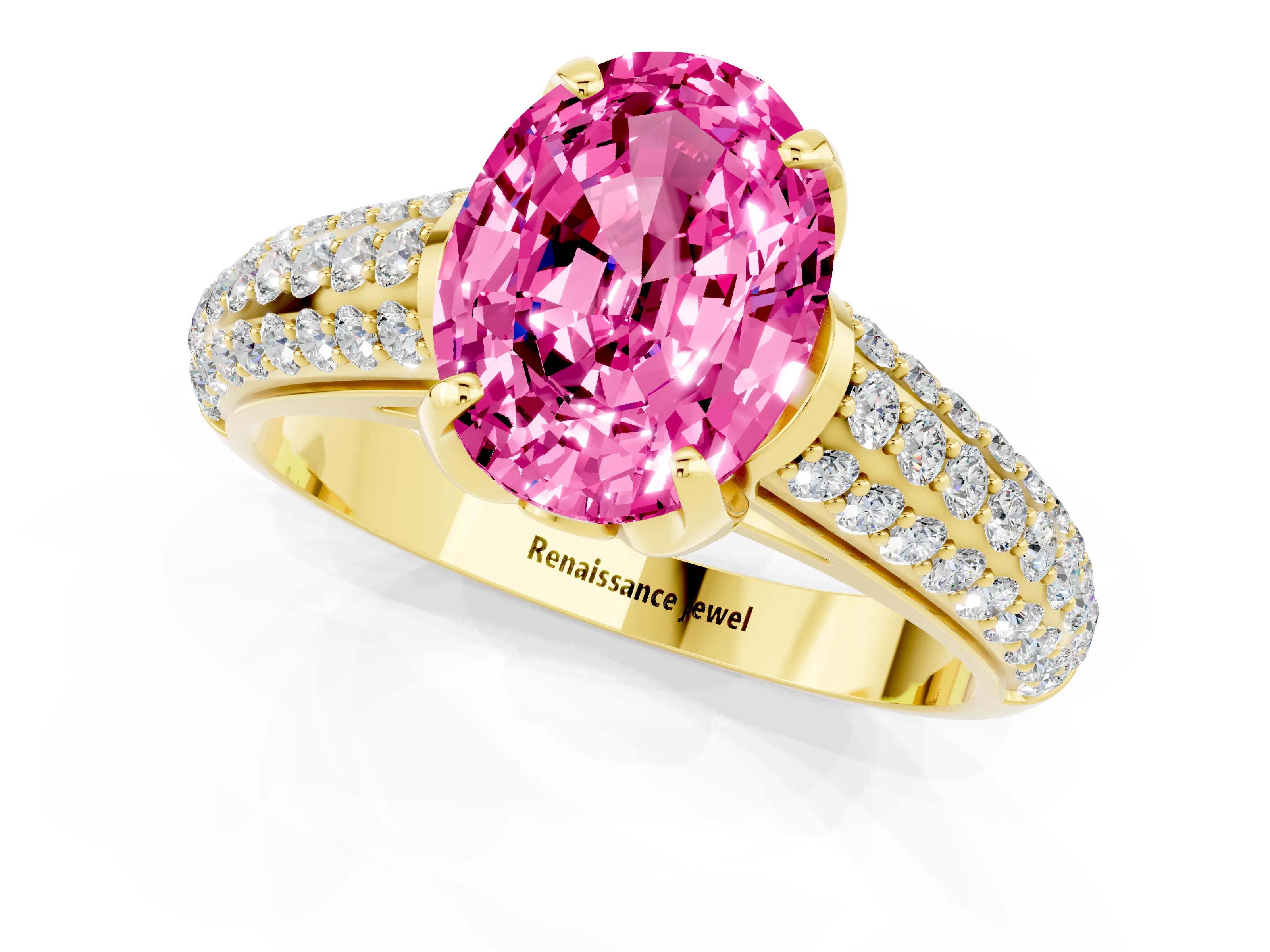 Yellow gold Oval Cut Pink Sapphire Solitaire Ring with Three-Row Pavé Band and Four-Prong Setting_13