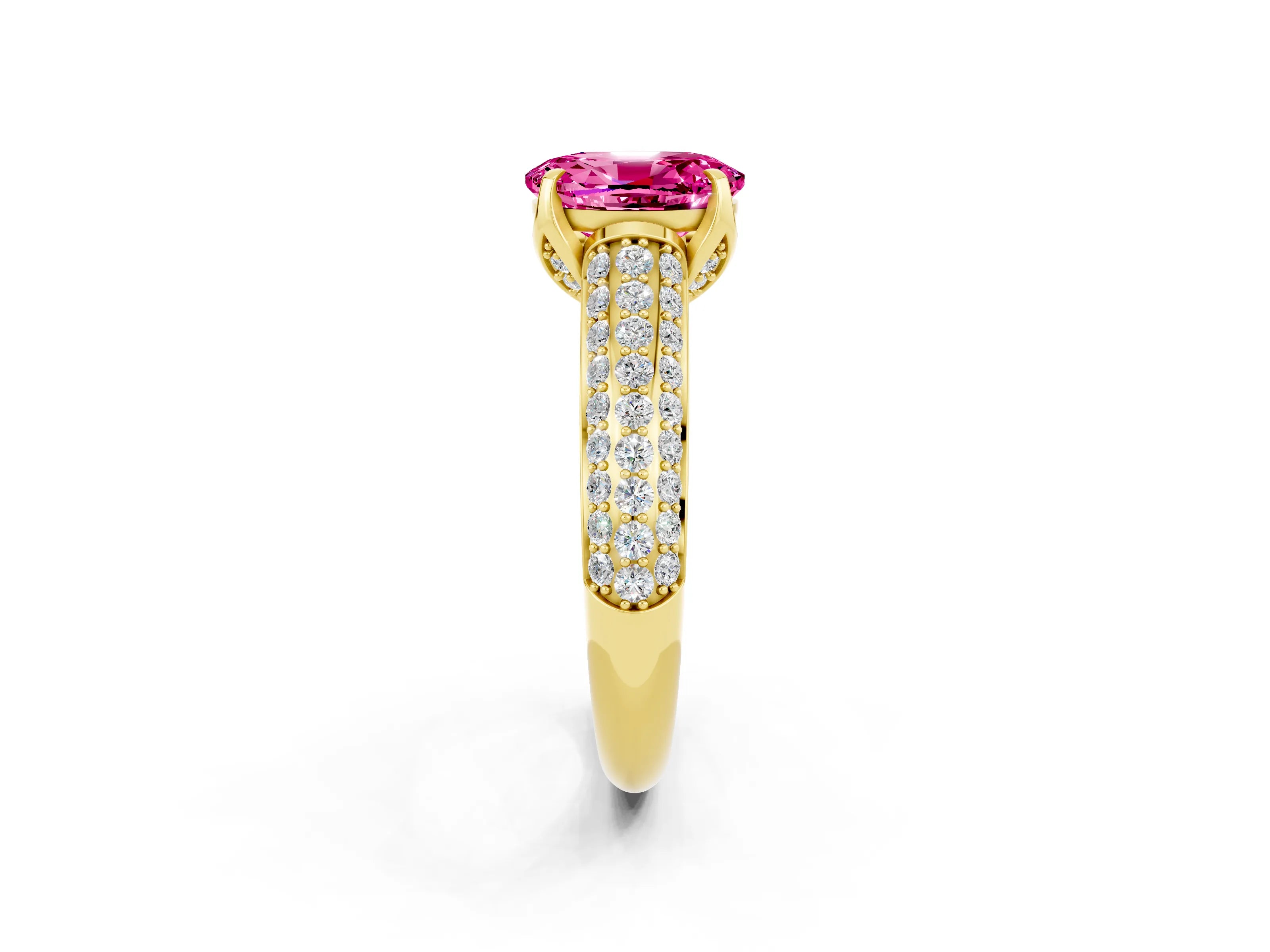 Yellow gold Oval Cut Pink Sapphire Solitaire Ring with Three-Row Pavé Band and Four-Prong Setting_14